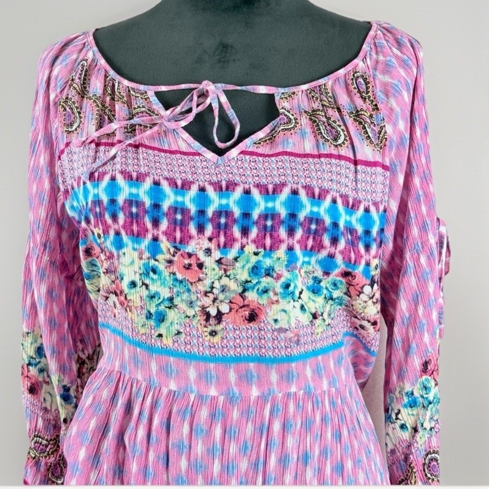 Easel Floral Boho Mini Dress Pink Blue Tie Dye Peasant Cottagecore Festival S